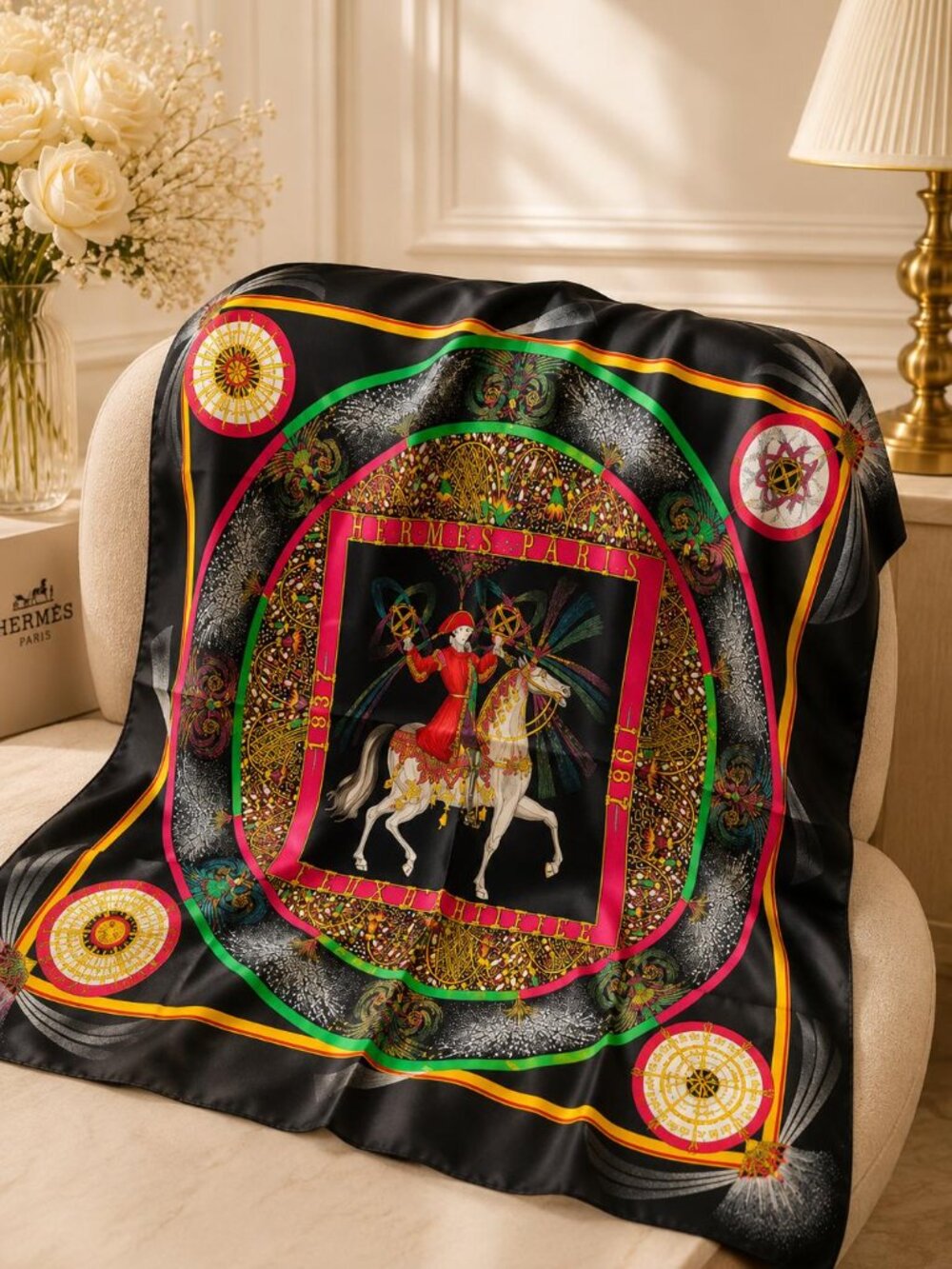 Authentic Hermès Paris Jeux de Paille Silk Scarf Carré 90 Multicolor